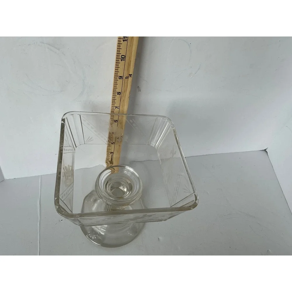 Vintage Glass Pedestal‎ Candy Dish Etched Floral Square Lidded Clear